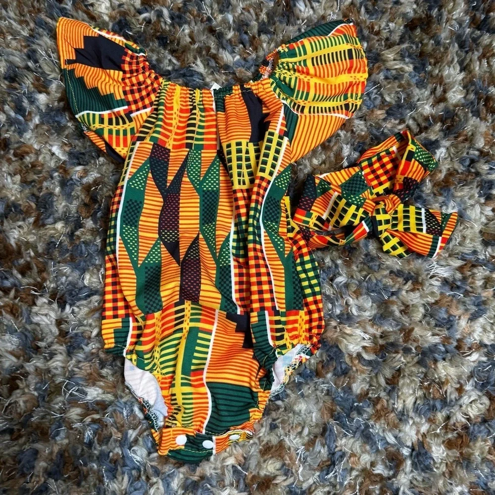 African Print Ruffle Baby Romper Set 0–3M Ankara Outfit + Headband